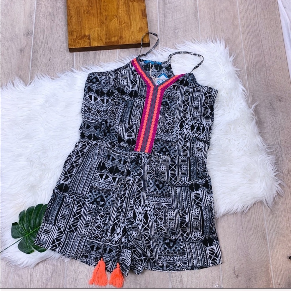 Blue Island Black and White Geometric Dress with Pink and Orange Accents